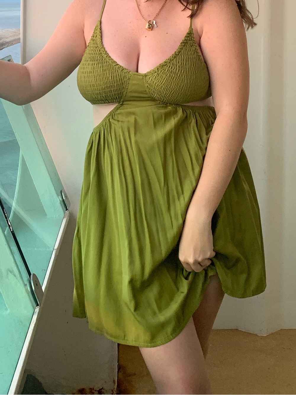 SHEIN Olive Green Cutout Smocked Midi Dress